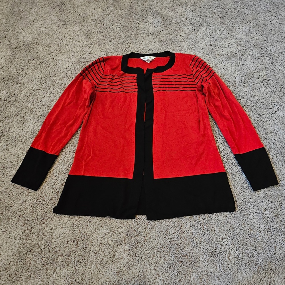 Exclusively Misook Cardigan Size XXS Petite Red Black Stripe Open Front Knit